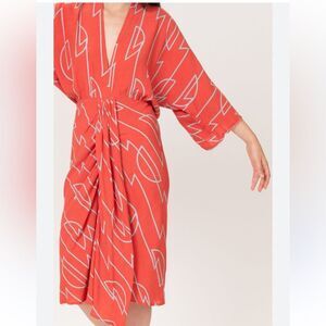 Bel Kazan Fidel Dress in Coral Zig Zag Midi Kimono size XS